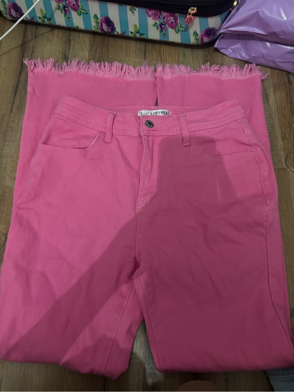 Pink High-Rise Frayed Hem Women's Jeans by T & C Apparel
